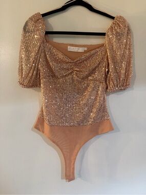 ASTR Rose Gold Sequin Puff Sleeve Bodysuit NWOT